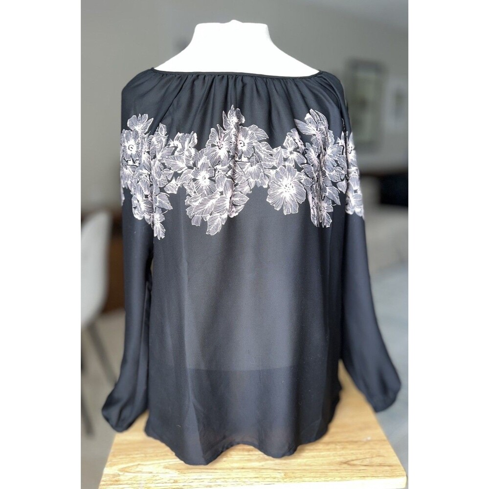 The Loft Blouse Black Beige Floral Long Sleeve Flowing Shirt top Women's medium